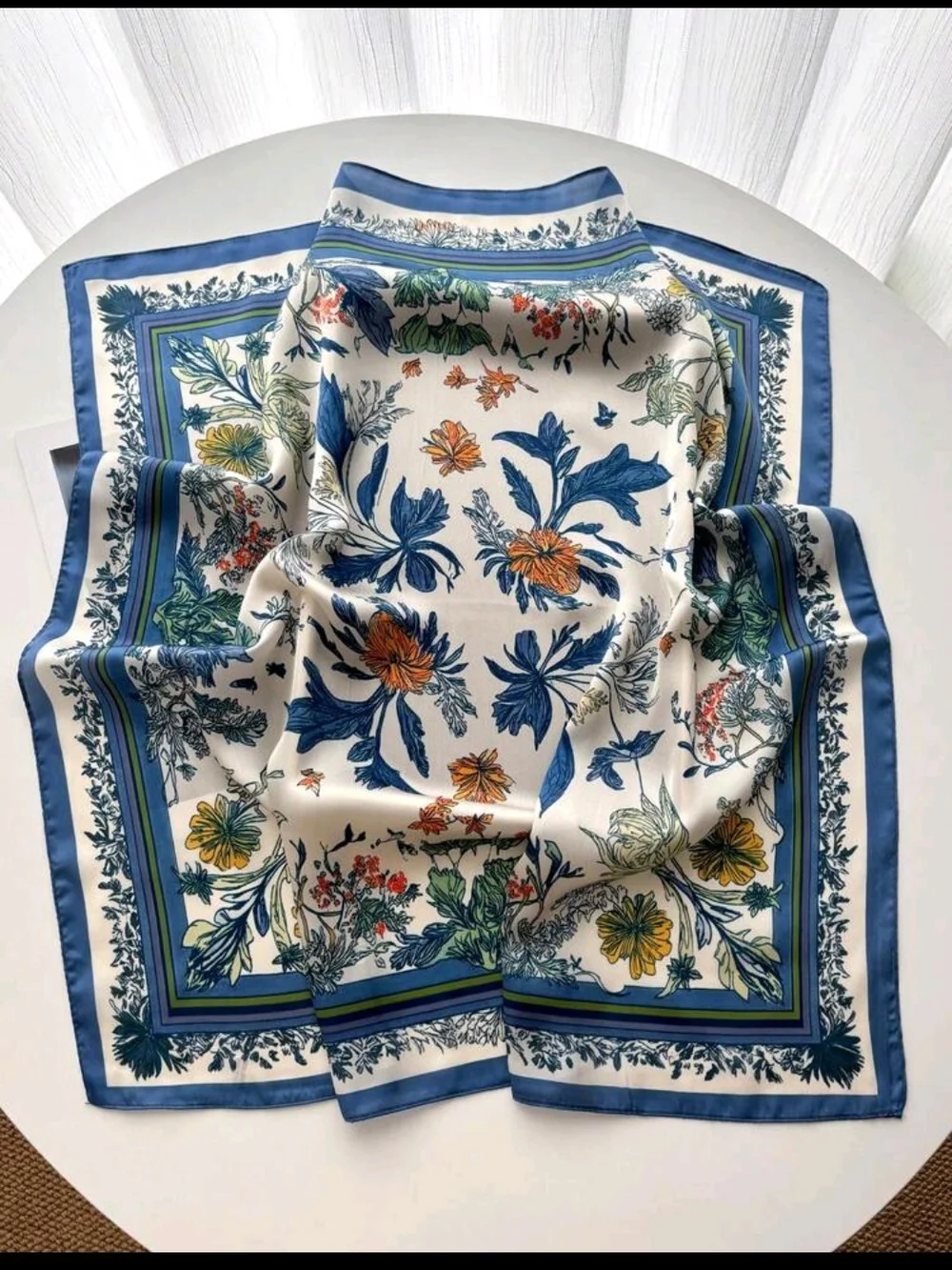 Silk Floral Print Bandana Scarf in Blue and White 26.3